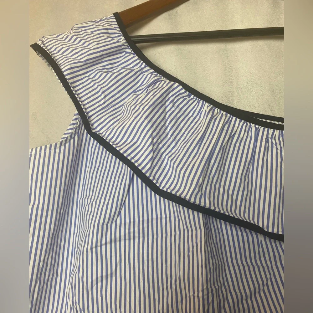J. Crew One-Shoulder Blue White Pinstripe Ruffle Preppy Summer Coastal Top 2